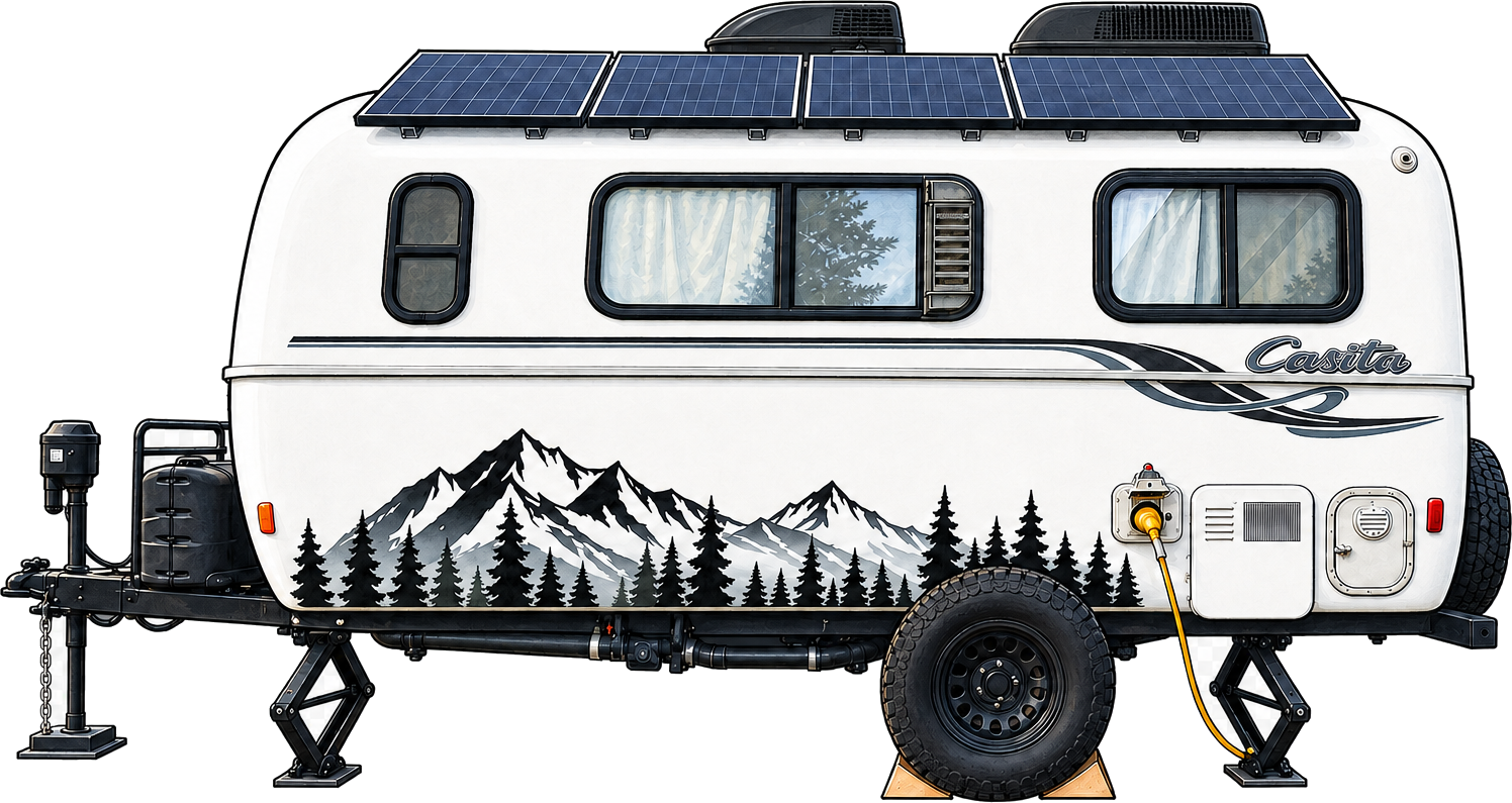 Cozy, a white 2002 Casita Spirit Deluxe with solar panels, mountain graphics and two black rooftop air conditioners