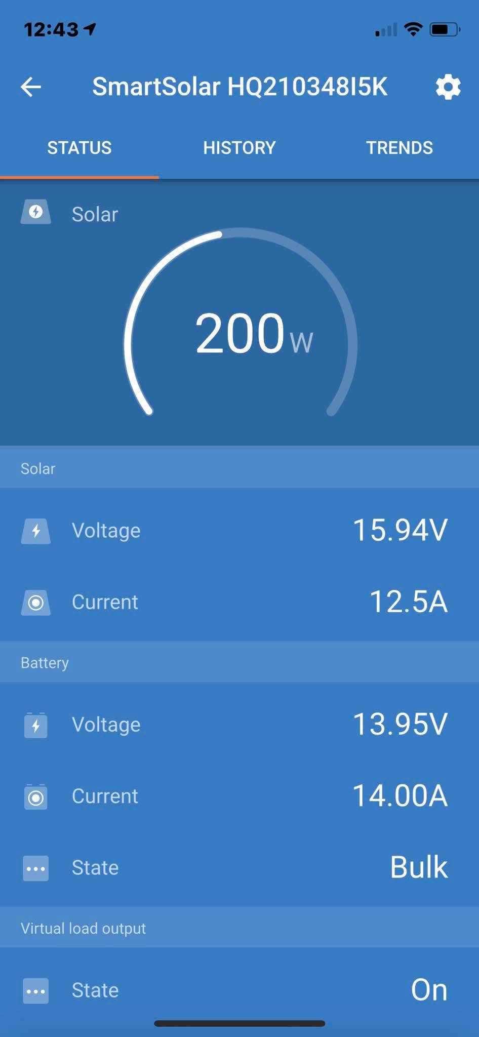 VictronConnect SmartSolar screen reporting 200 watts of production